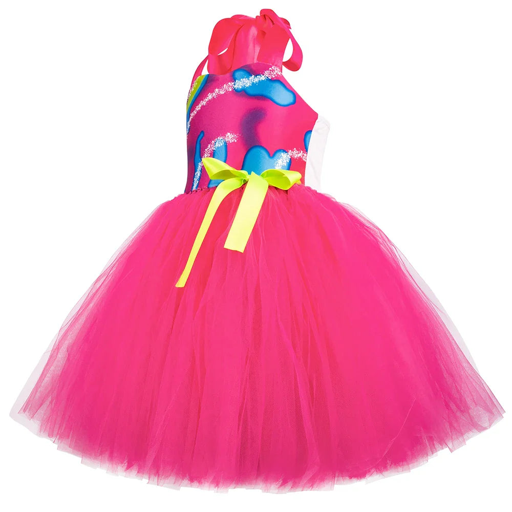 Movie Cowgirl Barbi Costume for Girls Princess Dress Hot Pink Plaid Margot Robbie Tutu Dress Kids Birthday Party Tulle Dresses
