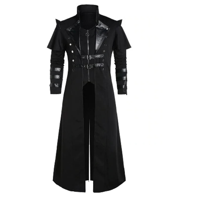 Vintage Halloween Médiéval Steampunk Assassin Elfes Pirate Costume Adulte Hommes Noir Longue Veste Fendue Manteaux en Cuir Armure Gothique