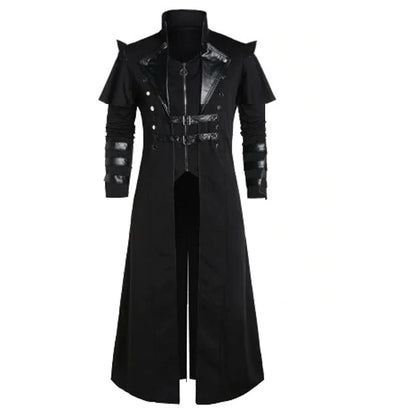 Vintage Halloween Médiéval Steampunk Assassin Elfes Pirate Costume Adulte Hommes Noir Longue Veste Fendue Manteaux en Cuir Armure Gothique