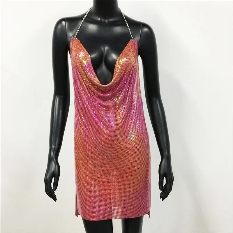 Sparkly Metal Sequins Women Mini Dress Sexy Deep V Neck Backless Halter Neck Side Split Dress Rave Party Club Evening Dresses