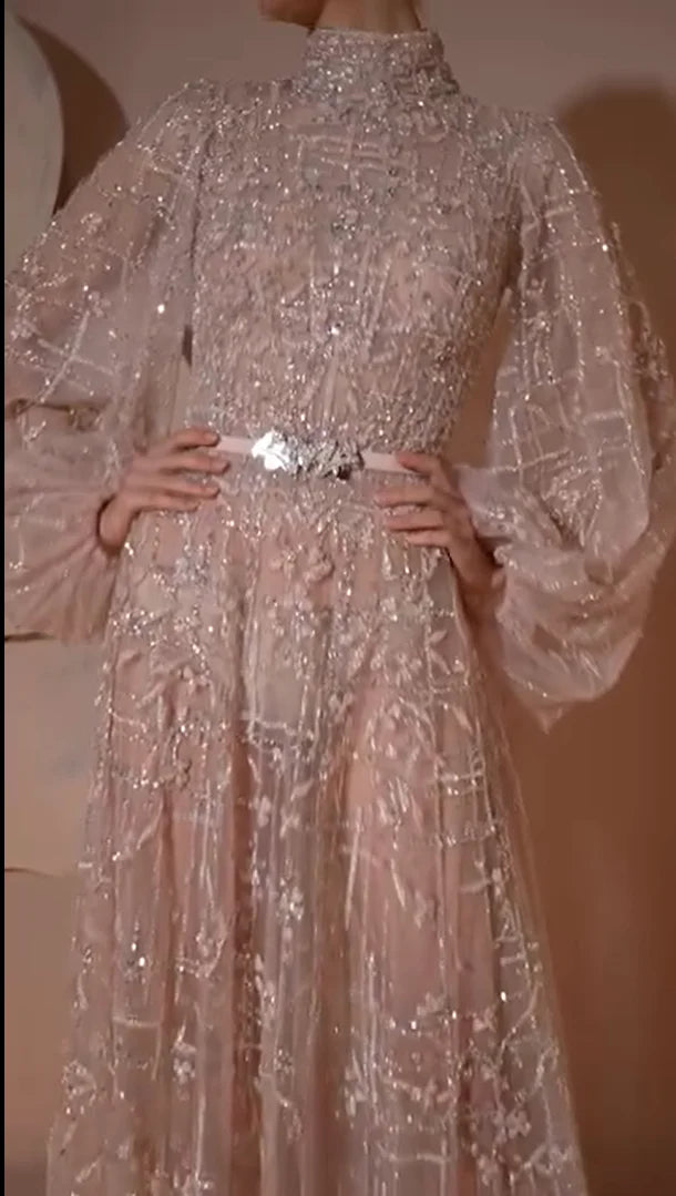 FATAPAESE Customized GlitterNude Bridesmaid Dress Puff Sleeve Fully Beaded Sequins Stones A-line Gown Wedding Engagement Dress