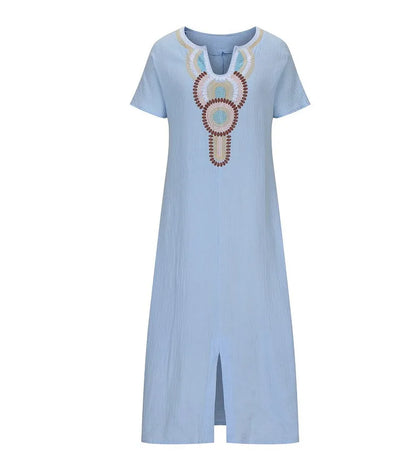 Embroidered Fashion O-Neck Short Sleeve Women Dresses Summer New Casual Unique Slit Dress Elegant Female Vacation Dress Robe