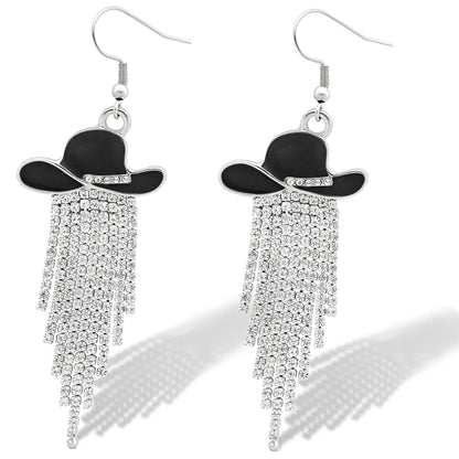 Boucles d'oreilles pendantes de cowgirl de l'Ouest, Chapeau en émail, Pendentif à pompon strass scintillant, Bijoux pour femmes pour bal, concerts country, rodéo, cow-boy