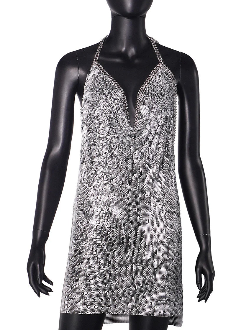 Sexy Hot Pink Glitter Sequin Party Dresses Bling Aluminum Chainmail Dress Backless Halter V Neck Side Slit Metal Party Outfit