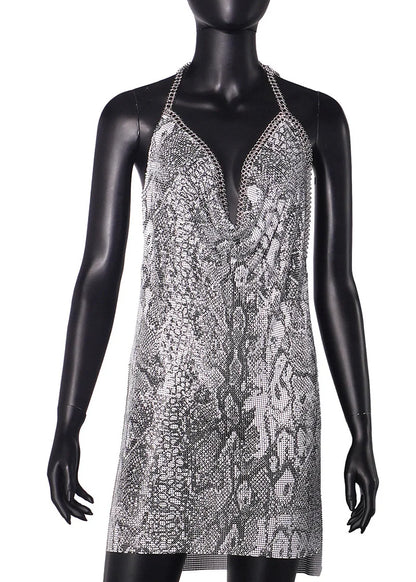 Sexy Hot Pink Glitter Sequin Party Dresses Bling Aluminum Chainmail Dress Backless Halter V Neck Side Slit Metal Party Outfit