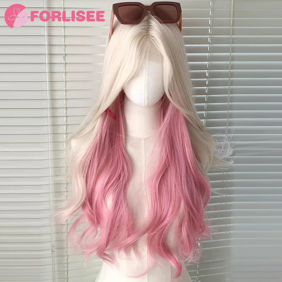 Pink Blonde Highlights Long Wavy Wig Synthetic Colorful Lolita Cosplay Hair Wigs with Bangs for Women Heat Resistant Daily Use