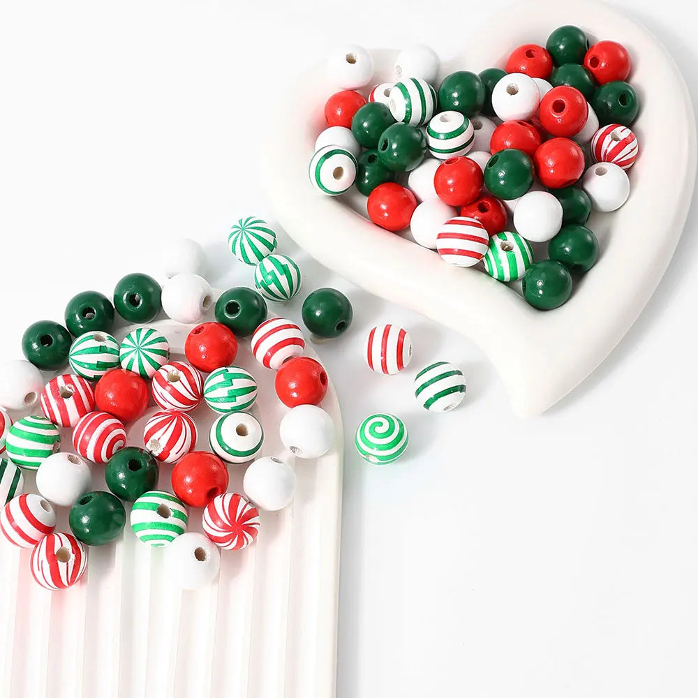 iYOE 20pcs 16mm Candy Pattern Red Green Stripes Solid Colored Spacer Wooden Beads for Jewelry Making Christmas Necklace Bracelet