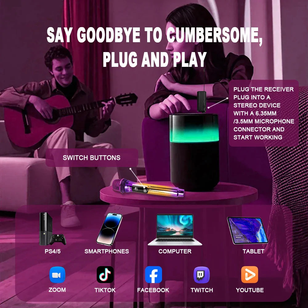 Professional 2 Channel DJ Karaoke Wireless Microphone System With Colorful purple mic Wireless Rechargable Receiver for Party DJ