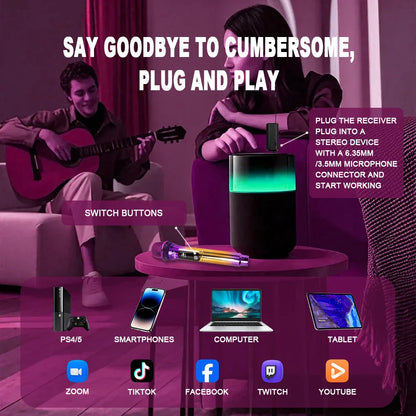 Professional 2 Channel DJ Karaoke Wireless Microphone System With Colorful purple mic Wireless Rechargable Receiver for Party DJ