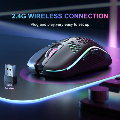 2.4G Wireless Mouse with RGB Backlit 6-button 3-speed DPI Type C Rechargeable Ergonomic Honeycomb Design Gaming Mouse