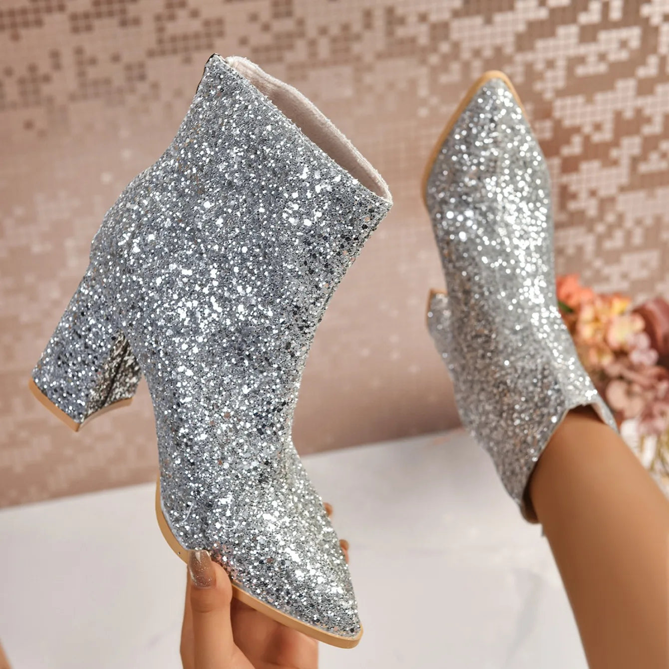 Bottes Femme 2025 Nouvelle Mode Paillettes Bout Rond Bottines Femme Automne Hiver Soirée Talons Épais Chaussures Femme Bottes De Mujer