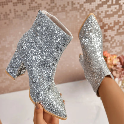 Bottes Femme 2025 Nouvelle Mode Paillettes Bout Rond Bottines Femme Automne Hiver Soirée Talons Épais Chaussures Femme Bottes De Mujer