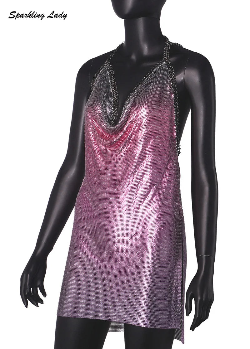 Sexy Hot Pink Glitter Sequin Party Dresses Bling Aluminum Chainmail Dress Backless Halter V Neck Side Slit Metal Party Outfit