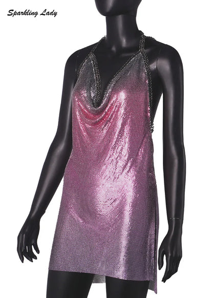 Sexy Hot Pink Glitter Sequin Party Dresses Bling Aluminum Chainmail Dress Backless Halter V Neck Side Slit Metal Party Outfit