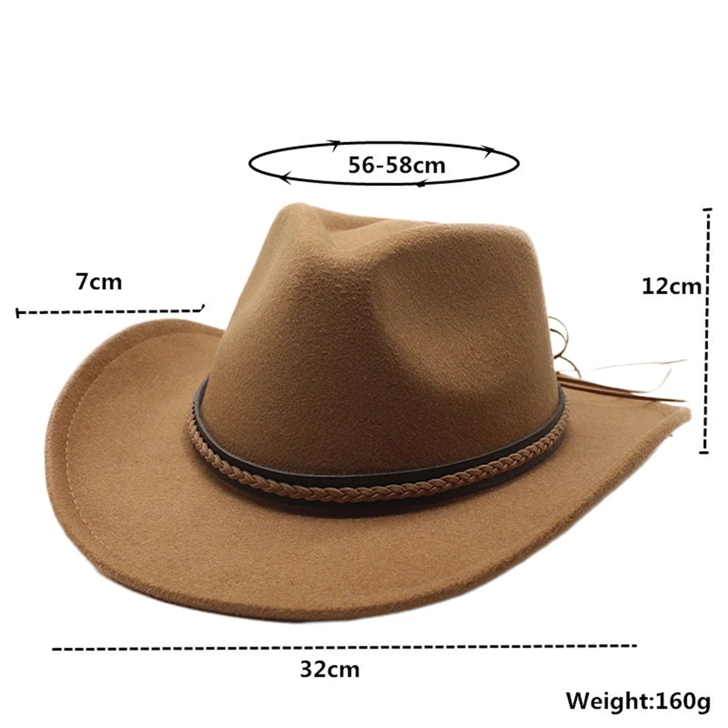 Chapeaux de cowboy classiques pour femmes et hommes, chapeaux de cowgirl rétro en feutre à large bord avec bande décorative
