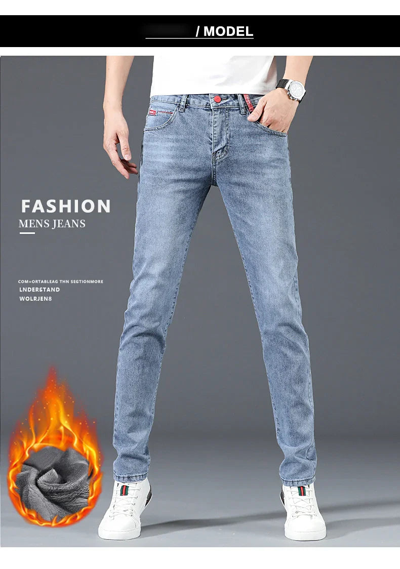 Jean skinny homme polaire hiver chaud uni coréen tendance slim pantalon denim homme épaissi extensible coupe crayon vêtements homme