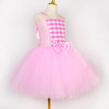 Costume Barbie La Movie pour filles Margot Robbie Robe tutu en tulle à carreaux rose Vêtements de déguisement de princesse pour enfants pour Halloween et fêtes d'anniversaire