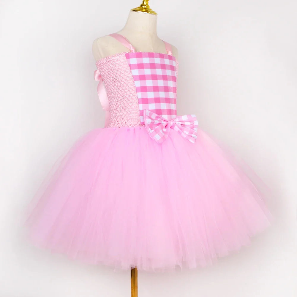 Movie Barbi Costume for Girls Margot Robbie Pink Plaid Tulle Tutu Dress Kids Halloween Birthday Party Princess Dress Up Clothes