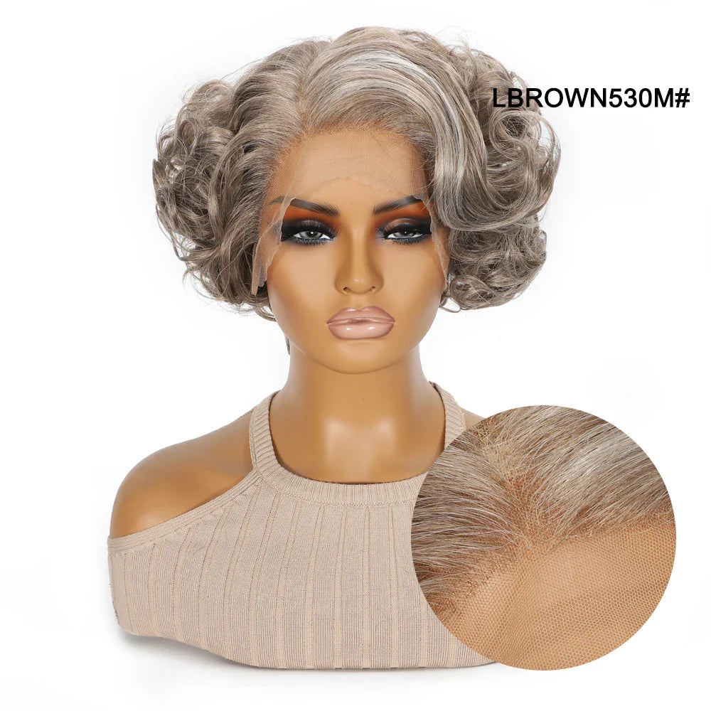 10 Inch Short Curly Wavy Blonde Black Grey Synthetic Wig for Women Natural Look T-Part Lace Front Hair Replacement