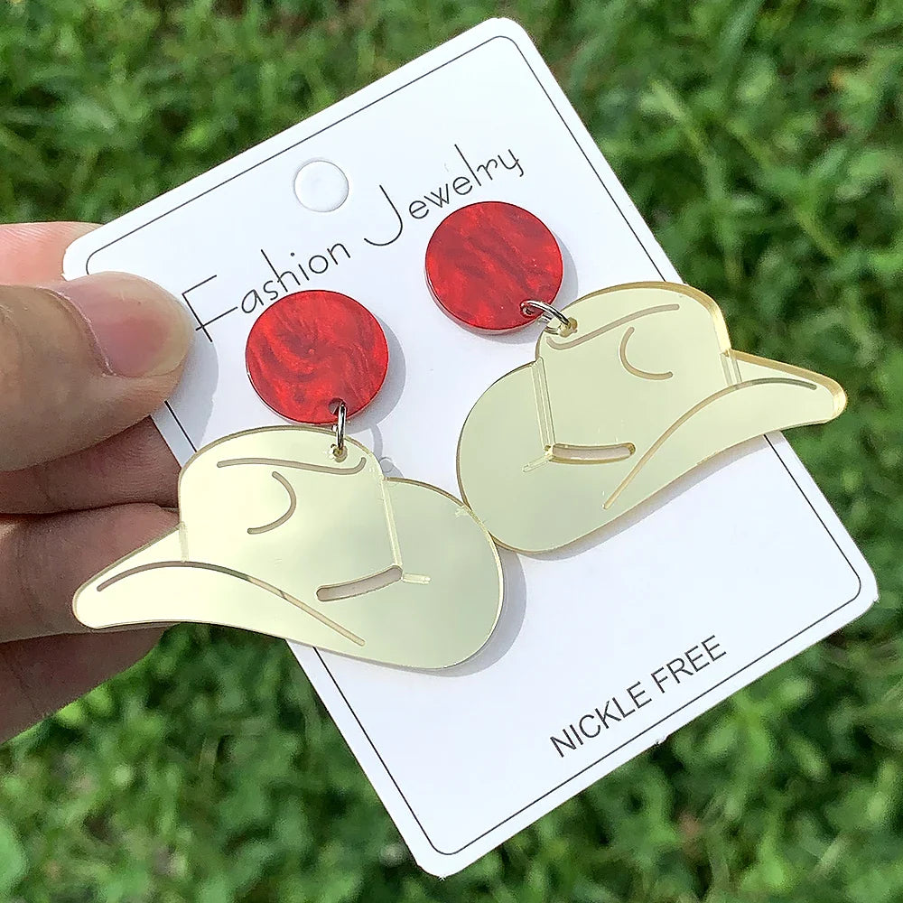 Boucles d'oreilles en acrylique faites à la main pour femmes et filles, chapeau de cow-girl occidental, bijoux de campagne à paillettes, cadeaux sympas