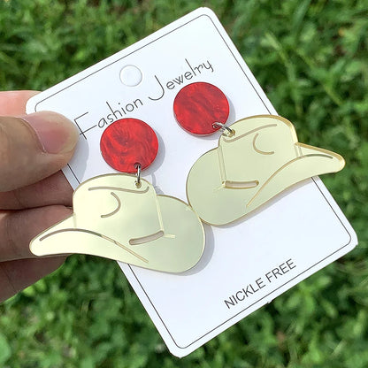 Boucles d'oreilles en acrylique faites à la main pour femmes et filles, chapeau de cow-girl occidental, bijoux de campagne à paillettes, cadeaux sympas