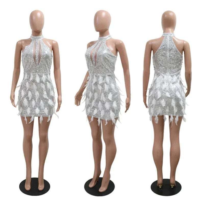 Sexy Glitter Sequins Birthday Dress Women Nightclub Party Halter Backless Feathers Sleeveless Prom Cocktail Short Dresses Robe