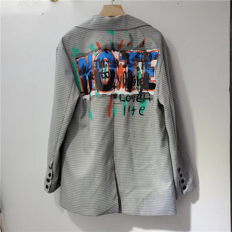 Femmes Lettres Graffiti Carreaux Blazers Manteau Carreaux Costumes Veste Mi-Longue OL Col Rabattu Cardigan Court Hauts Jaqueta
