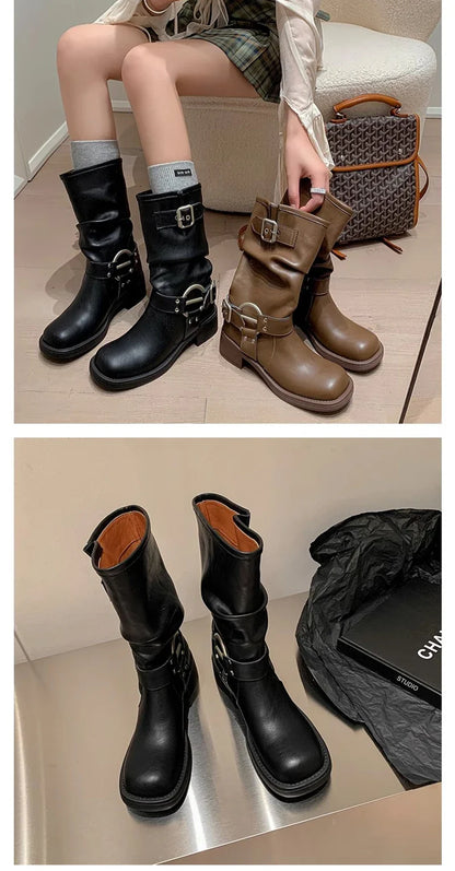 Bottes d'hiver de cowboy pour femmes, bottines décontractées à enfiler, fond épais, style moderne