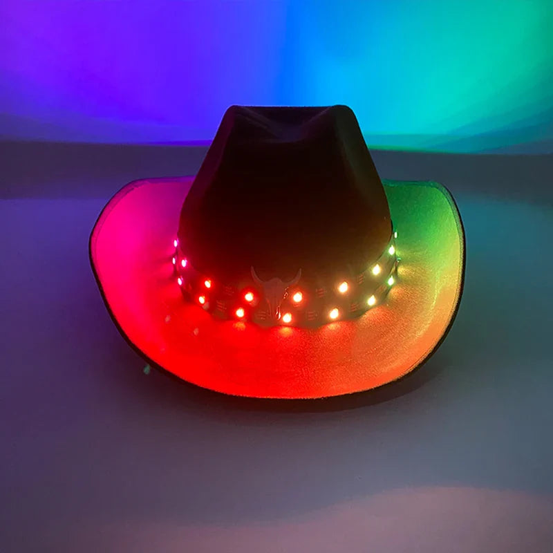 Chapeau de cowboy LED télécommandé pour femmes et hommes, chapeaux de cow-girl occidentaux, robe de l'ouest, vêtements de sauna scintillants pour Halloween, casquette unisexe, mode