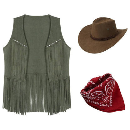 Women Cowboy Vest Halloween Party Western Cowgirl Cosplay Costume Faux Suede Tassel Fashion Rivets Waistcoat with Bandanna Hat