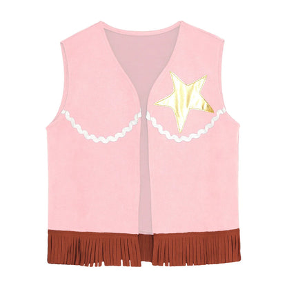 Déguisement de cow-boy/cow-girl western d'Halloween pour filles, gilet à franges étoiles et pantalon évasé imprimé vache, tenues de carnaval