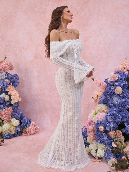 Suninheart Autumn Long Sleeve Off The Shoulder Bodycon Dress 2024 New Mermaid Wedding Guest Party Dresses for Women White Dress