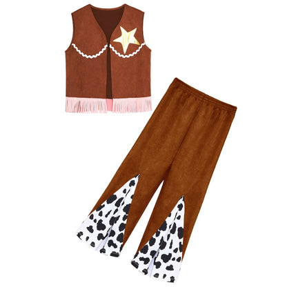 Déguisement de cow-boy/cow-girl western d'Halloween pour filles, gilet à franges étoiles et pantalon évasé imprimé vache, tenues de carnaval