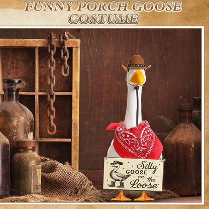 The Loose Hangings Sign Cowboy Goose Outfit with Cowboy Hat and Red Bandana for 23" Cement/Plastic Goose Outdoor Statue Patio
