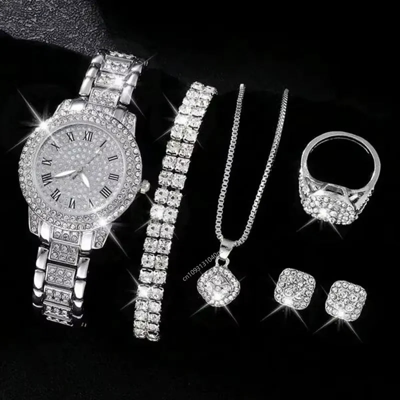Montre-bracelet à quartz décontractée pour femmes, ensemble de 6 pièces, cadran romain, design de marque de luxe, montre pour femmes