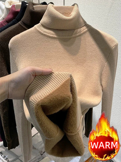 Turtleneck Winter Sweater Women Elegant Thicken Velvet Lined Warm Sueter Fleece Knitted Pullover Slim Top Jersey Knitwear Jumper