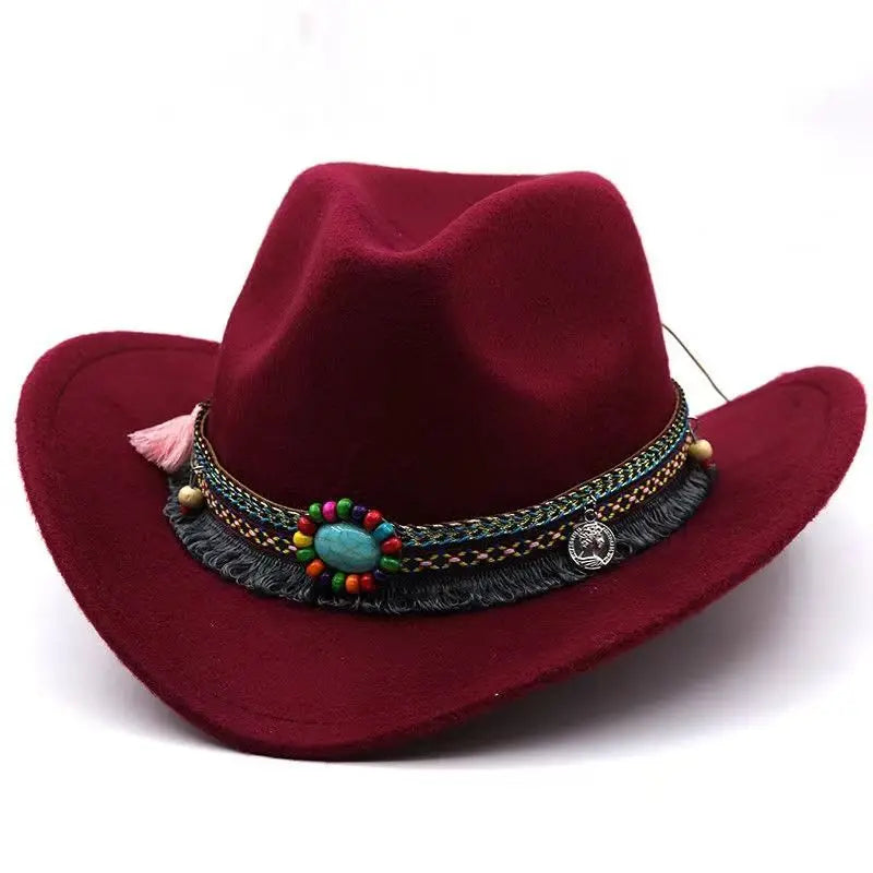 Western Cowboy Wool Hat with Pompom, Montana Sombrero Belt for Men and Women, Cowgirl, Solid Color, Jazz, Stylish Hollow Design for Lady