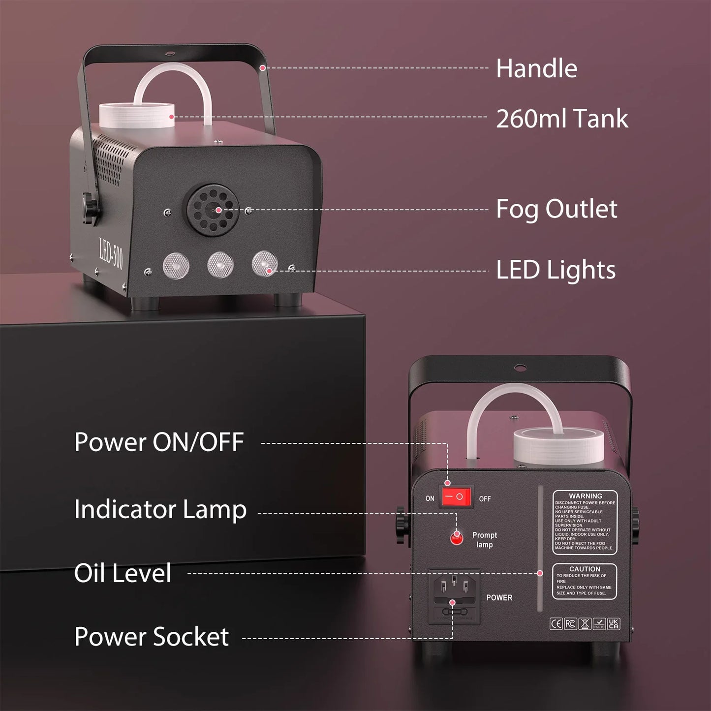 U'King 500W Machine à fumée RGB 3 LED Machine à brouillard de couleur mixte avec télécommande éjecteur de fumée de scène pour DJ Halloween Noël