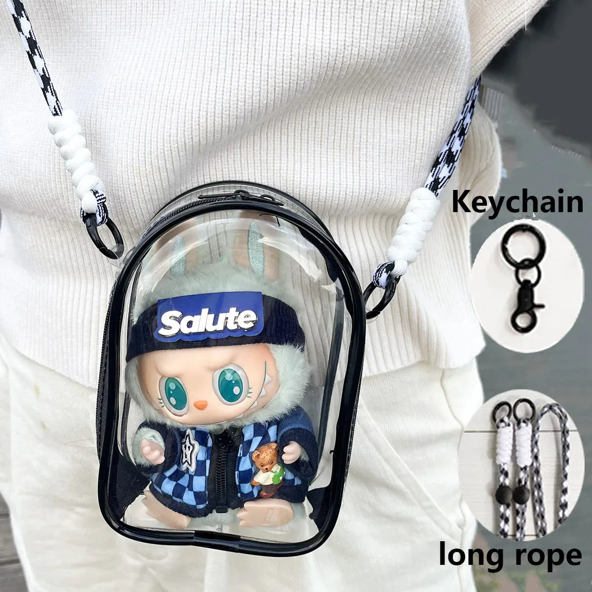 For 15cm Labubu V2 Sitting Party Cotton Doll Crossbody Pain Bag PVC Storage Bag Hairball Dolls Display Bag