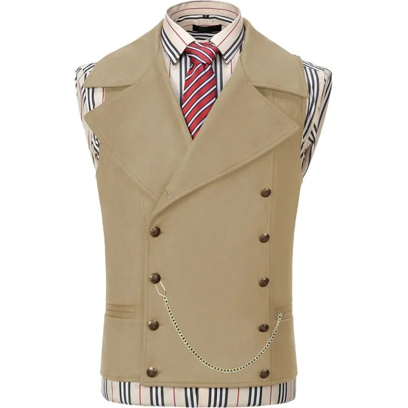 Men's Suede Cowboy Vest | Double Breasted Faux Leather Waistcoat with Large Lapel for Western/Casual  Ornate Stitching