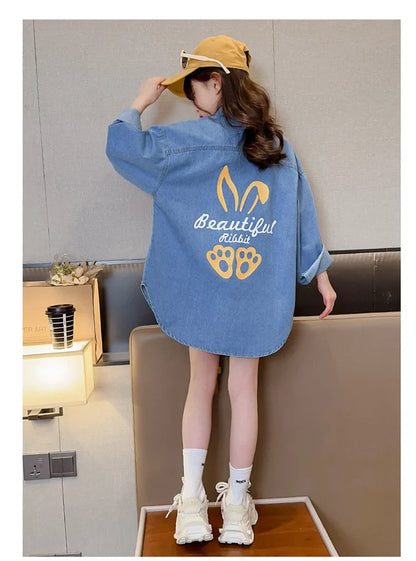 Chemisiers en Denim de Cowgirl de haute couture avec imprimé de lapin pour adolescente, chemise en Denim ample et décontractée à manches longues pour enfants