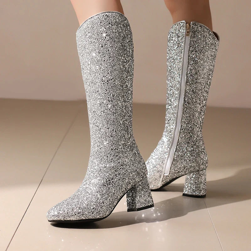 Bottes Hautes Scintillantes pour Femme, Ajustement Confortable, Talons 6,5 cm, Hiver 2024