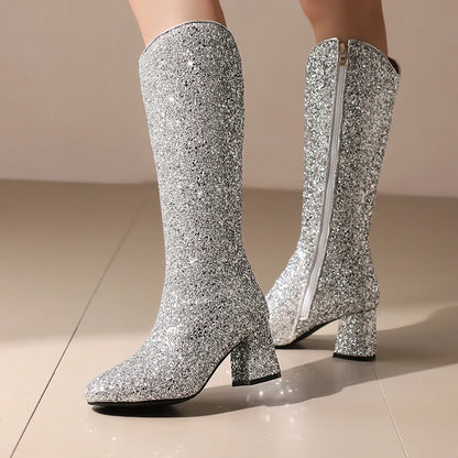 Bottes Hautes Scintillantes pour Femme, Ajustement Confortable, Talons 6,5 cm, Hiver 2024