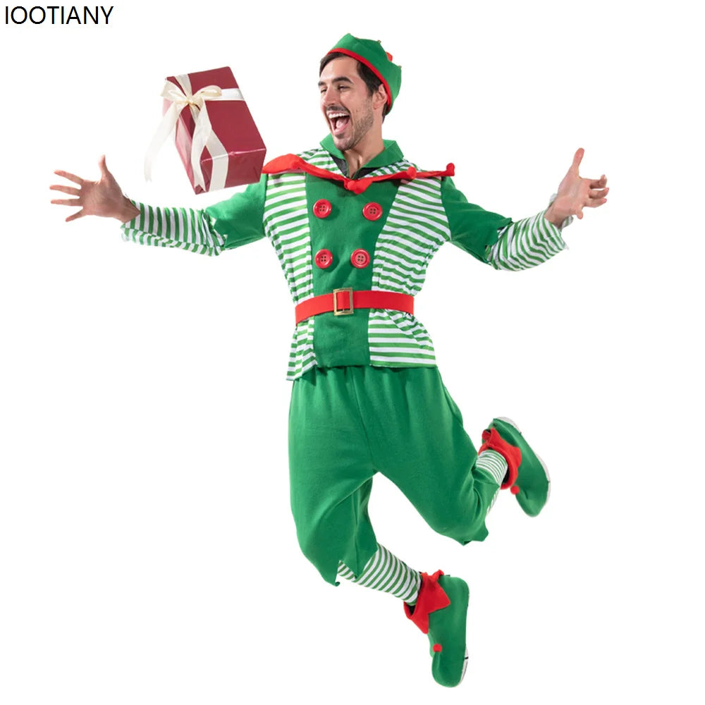 Christmas Outfits Men Striped Christmas Elf Cosplay Costume Xmas Performance Dress Up Festival Party Stage Fancy Dress New