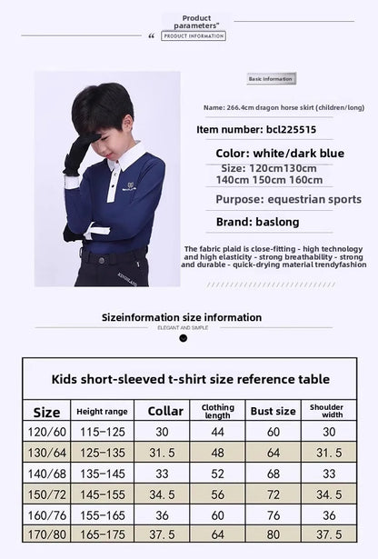Baslong Equestrian Clothing Kidsren's T-Shirt Top Long-Sleeved Sun Protection Breathable Polo Shirt Girls Riding Competition Knight Clothing