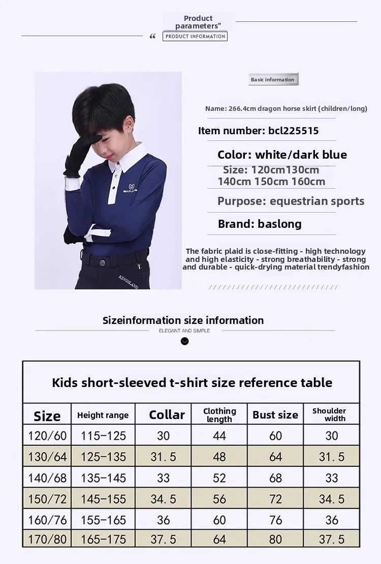 Baslong T-shirt pour enfants, haut à manches longues, protection solaire respirante, vêtements de chevalier pour garçons et filles, compétition d'équitation, vêtements de chevalier