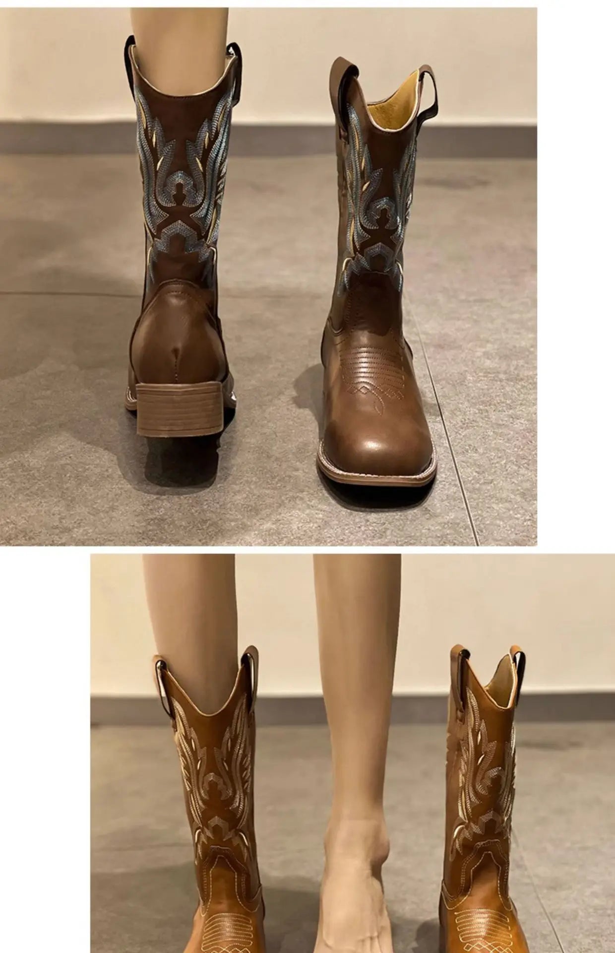 Versatile Western Cowboy Boots Summer Coarse Heel Embroidered Sleeve Knight Boots Mid Barrel Square Head Horseshoe Large