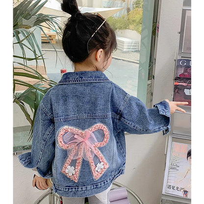 Manteau en jean pour adolescentes Printemps Automne Orné de perles Nœud papillon Veste à la mode pour enfants de 3 4 5 6 8 10 12 ans Vêtement d'extérieur décontracté
