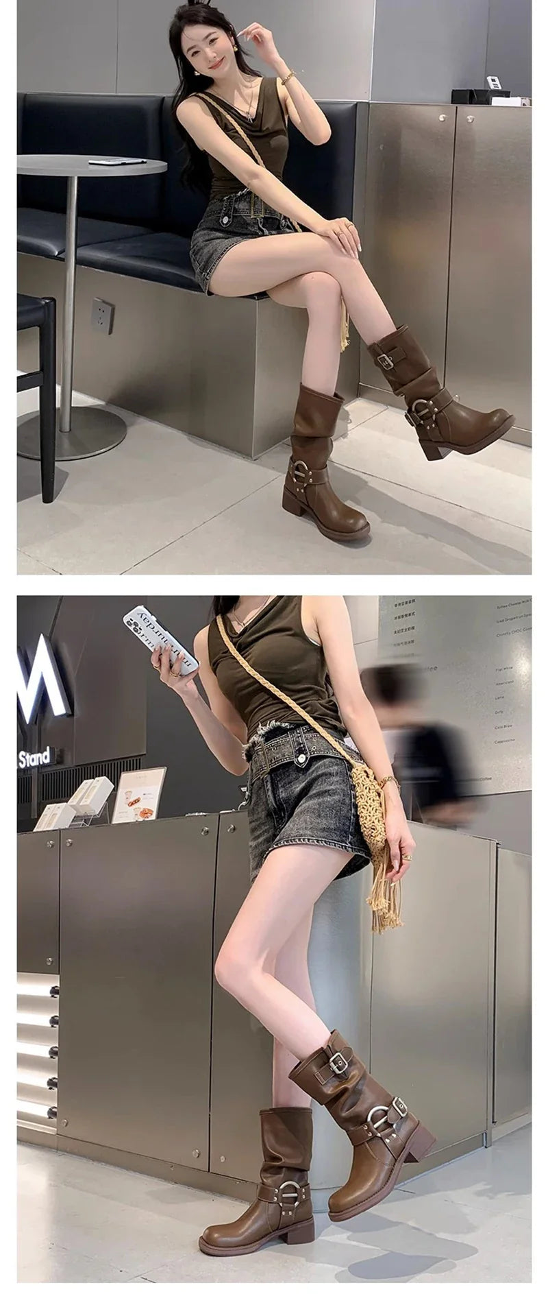 Bottes d'hiver de cowboy pour femmes, bottines décontractées à enfiler, fond épais, style moderne