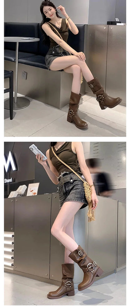 Bottes d'hiver de cowboy pour femmes, bottines décontractées à enfiler, fond épais, style moderne